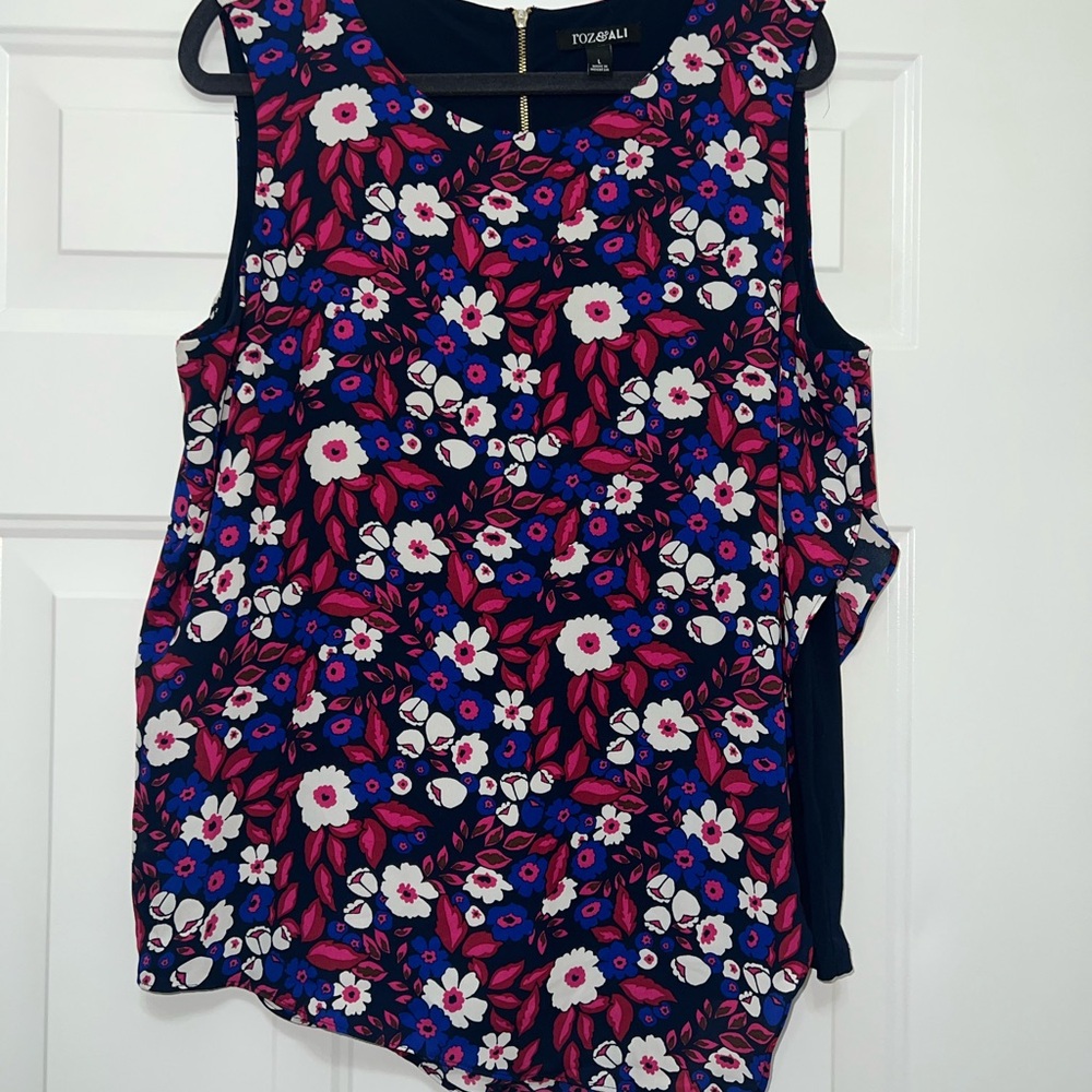 Roz Ali Blouse Women’s Sz Large Tiered ruffle sleeveless Floral blue‎ pink